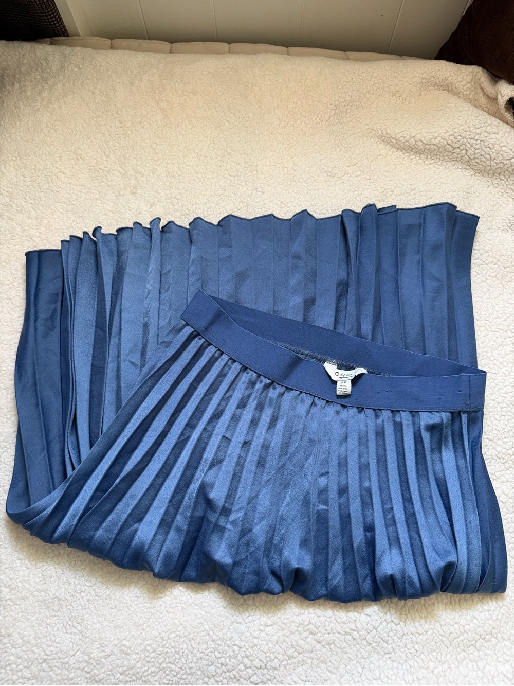 C by One Pleated Satin Midi Skirt in Slate Blue